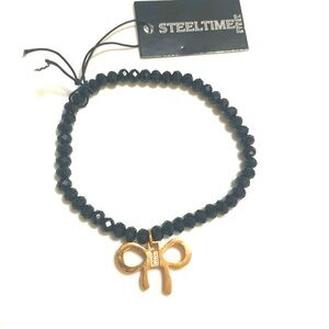 STEELTIME 18K Rose Gold Plated Stainless Steel Stretchy Bracelet Black/ CZ